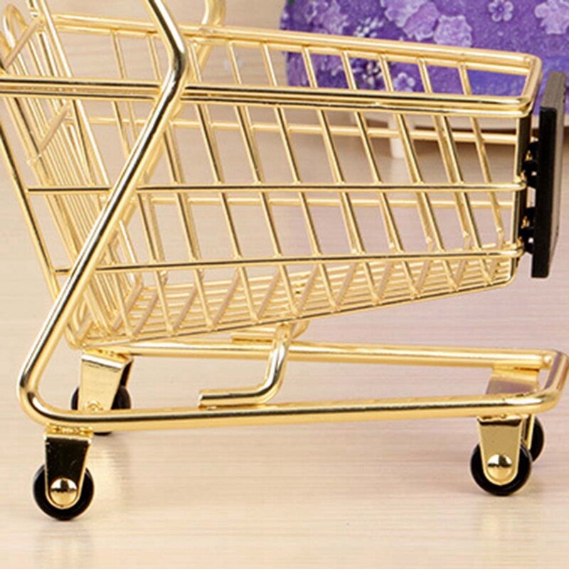 Mini Double Layers Shopping Cart Model Wrought Iron Supermarket Trolley Metal Rose Gold Storage Basket