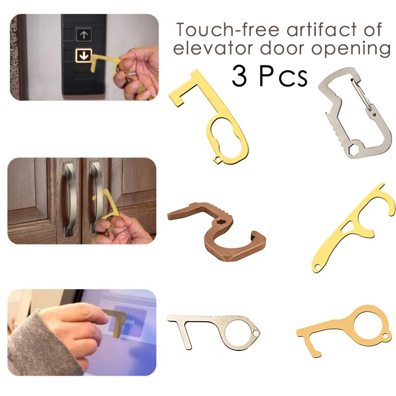 Non-contact Portable Door Opener Elevator Button Door Handle Switch Brass Key Safety Protection No-Touch Anti-bacteria Opener