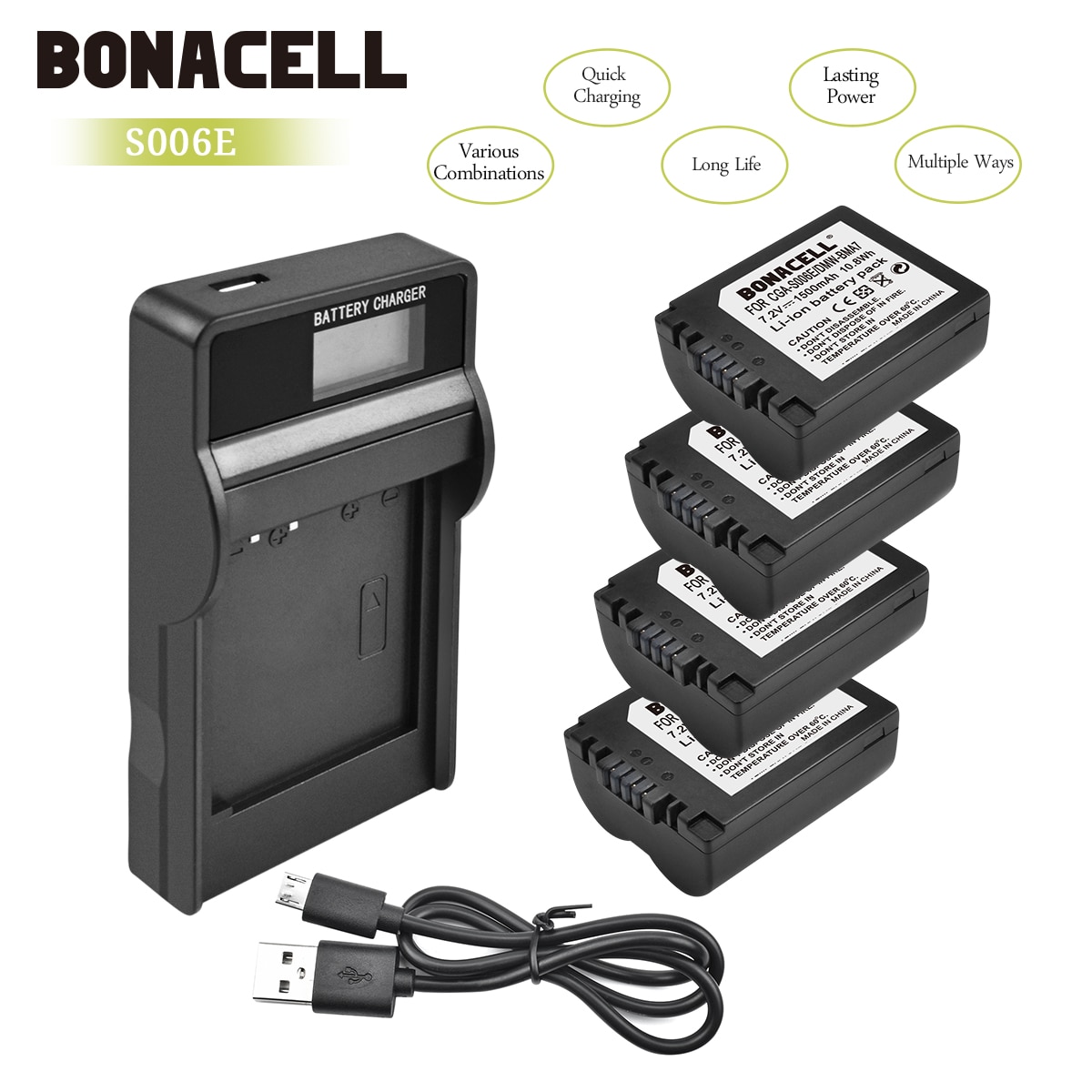 Bonacell 1500mAh CGA-S006 CGR CGA S006E S006A S006 DMW-BMA7 Battery+LCD Charger for Panasonic DMC FZ7 FZ8 FZ18 FZ28 FZ50 L10