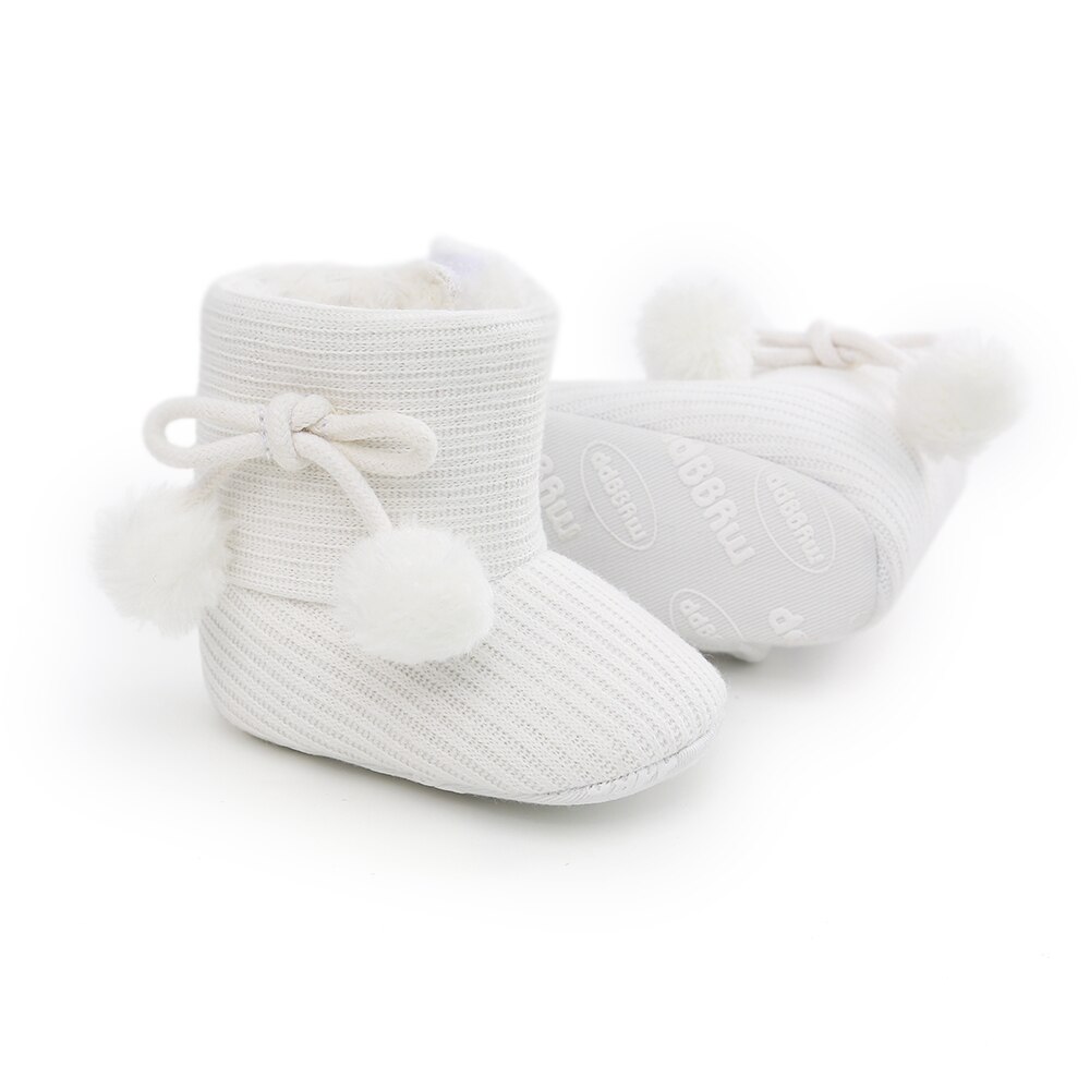 Pasgeboren Baby Snowboots Strik Haar Bal Decoratie Antislip Soft Sole Winter Korte Laarzen Warm Pluche Laarzen Schoenen Voor baby: WHITE / 0-6 months