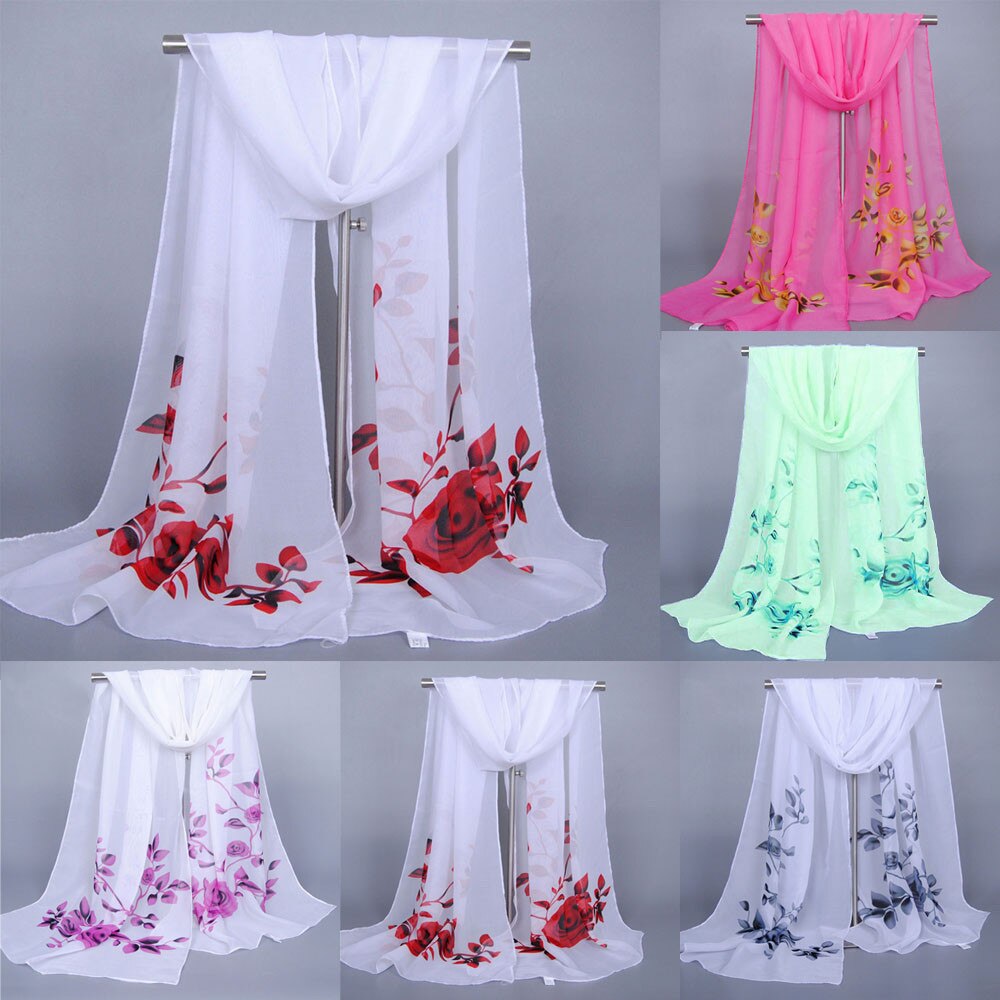 Chiffon Floral Print Scarves Silk Scarf Women's Long Soft Wrap Scarf Simulation Silk Shawl Beach Shawl Kerchief