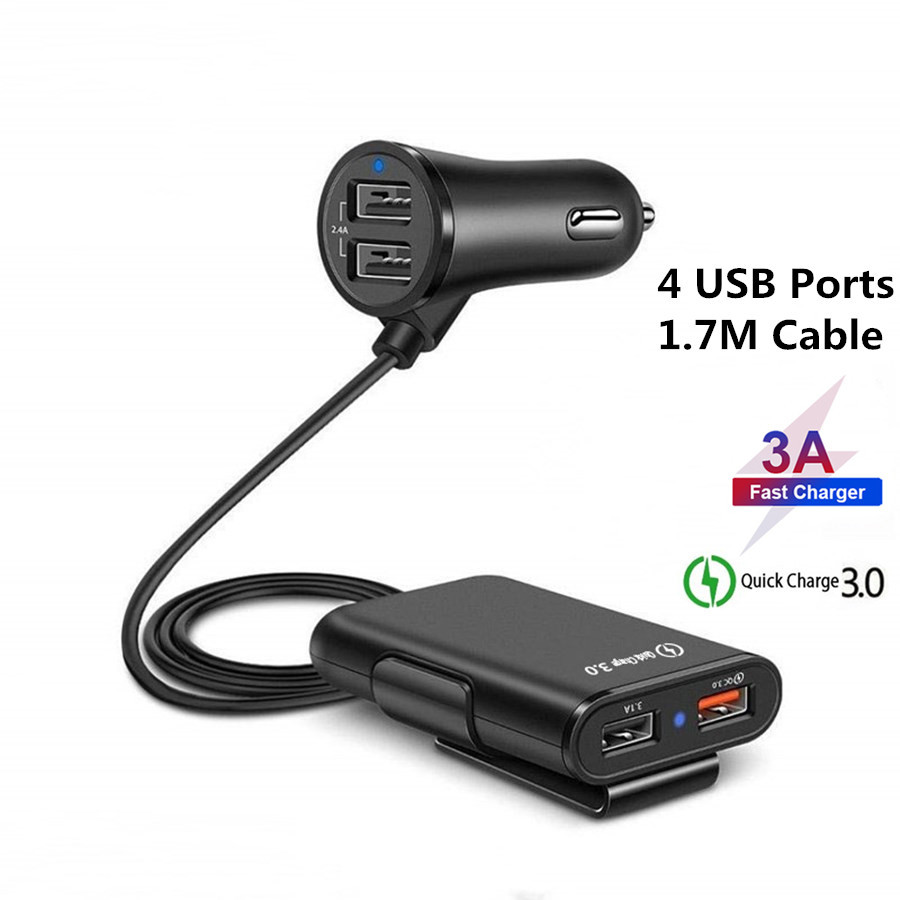 4 Usb-poort Auto-oplader Quick Charge 3.0 Auto-Oplader Met 1.7M Kabel Voor Tablet Smartphone Iphone X 8 7 Qc 3.0 Uitbreiding Adapter: Default Title