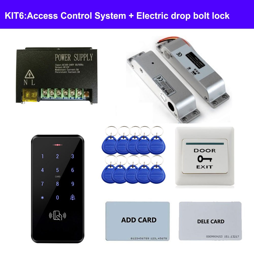 Diverse dør adgangskontrol system kit id tastatur adgangskontrol + strømforsyning + udgangsknap + elektriske dørlåse til kontor: Brun