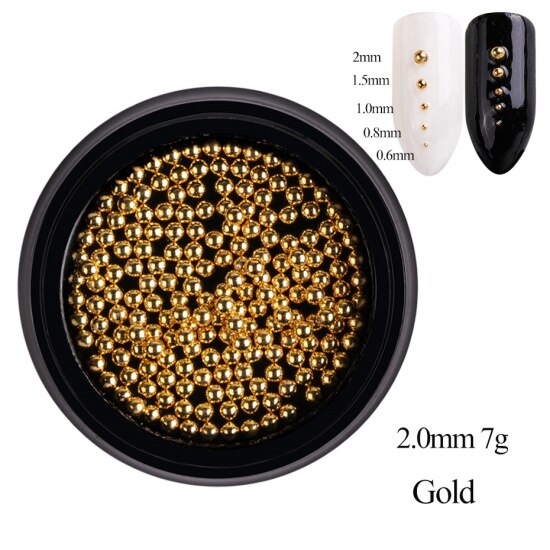 1 boîte de perles en acier Mini Caviar décoration d'ongle 0.6/0.8/1/1. 5/2mm point rond gris Rose or argent poussière Nail Art bricolage vernis à ongles CH031-1: Gold 2.0mm