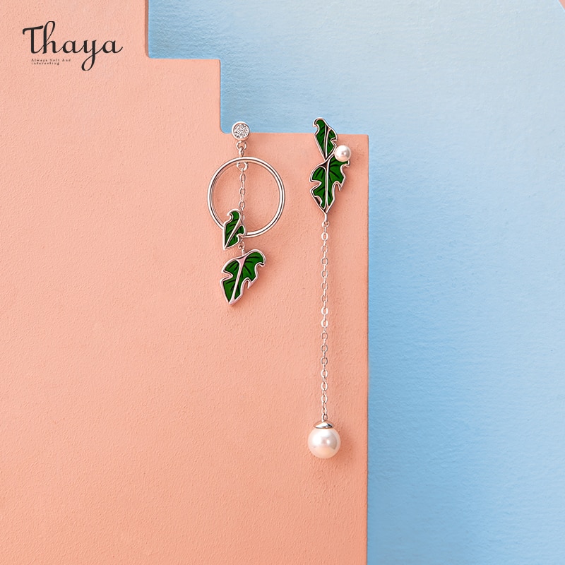 Thaya 100% Authentieke S925 Sterling Zilver Groen Blad Dangle Parel Charms Zomer Voor Vrouwen Mode Fijne Sieraden