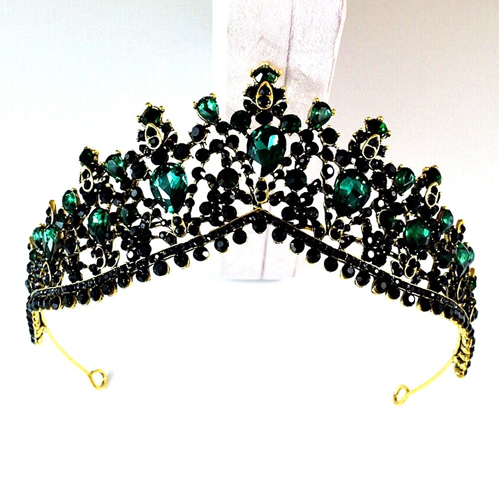 Luxe gouden rode strass bruids tiara's kroon vintage barok kristal diadeem voor bruiden hoofdbanden bruiloft haaraccessoires: Zwartgroen