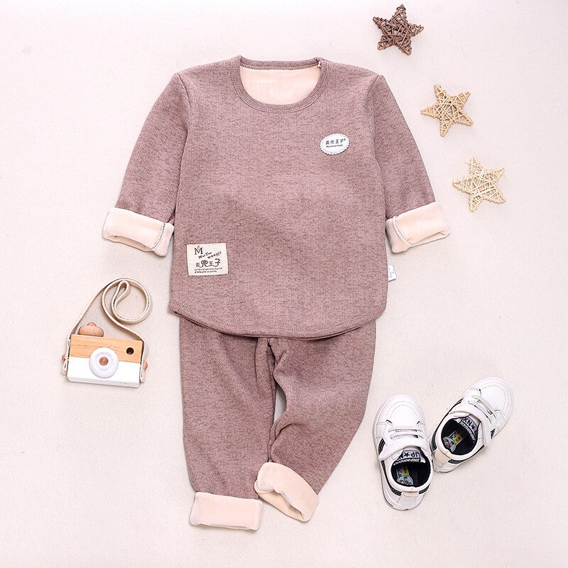 Winter Effen Kleur Katoen Kinderen Pyjama Sets Warm Baby Meisjes Jongens Kleding Jongen Meisje Plus Fluwelen Dikke Kids Nachtkleding: Champagne