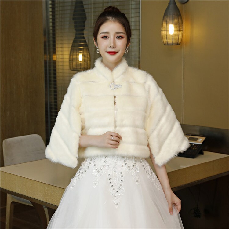 Janevini Ivoor Bont Korte Bolero Voor Vrouwen Winter Bruiloft Wrap Hoge Hals Faux Fur Bruids Sjaal Jas Mantel Avond Bolero novia: Default Title