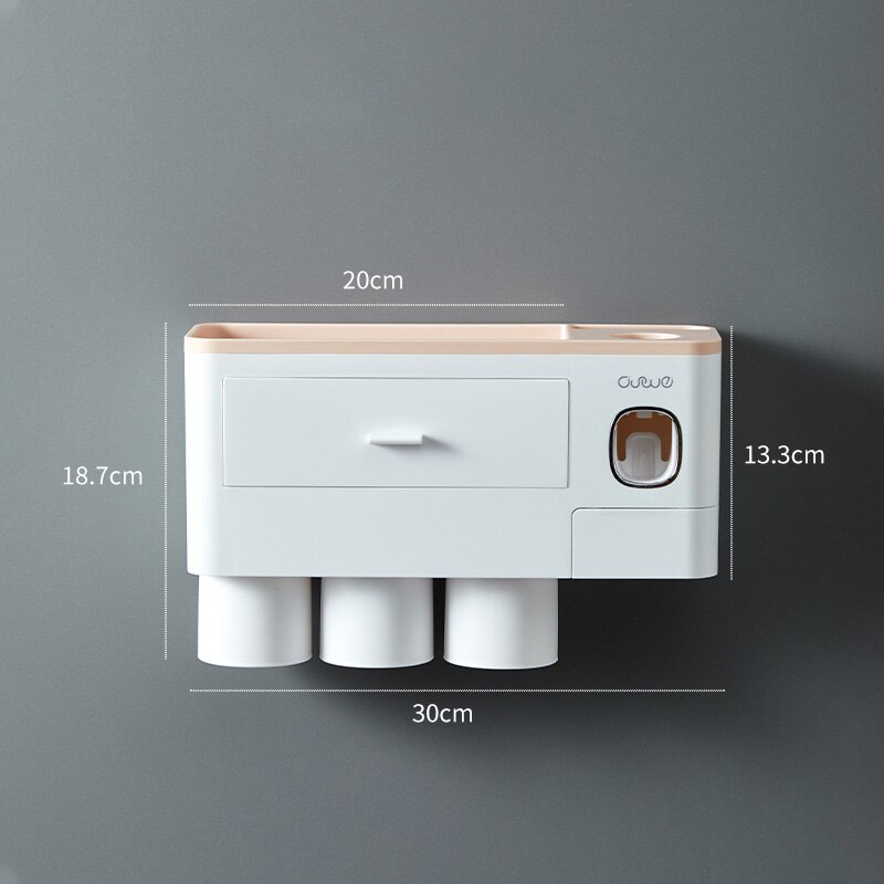 Toothbrush Holder Wall Mount Magnetic Adsorption Inverted Toothpaste Dispenser Makeup Storage Rack For Bathroom Accessories Set: Pink 3 Cups
