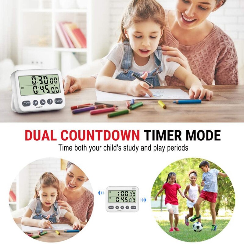 Dual Timer with 3-Level Adjustable Alarm Volume&amp;ON/OFF Switch Digital Kitchen Count Down/Up Stopwatch Timer for Cooking