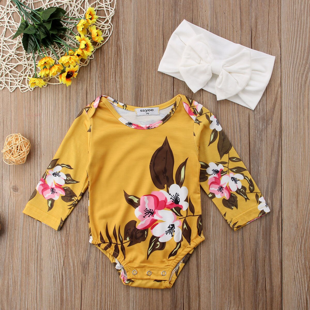 Bodysuits florales de manga larga para bebés y bebés recién nacidos + diadema trajes casuales 0-18 M