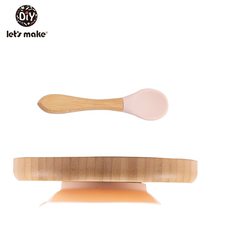 1set Baby Feeding Bamboo Bowl With Spill Proof Silicone Spoon Baby Dinner Plate Feeding Dinnerware Toddler Infant Tableware Set: beige