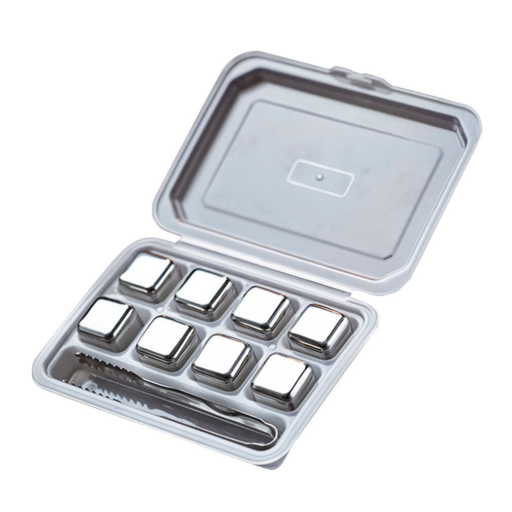 Whisky Stones Ice Cubes Set Reusable Food Grade Stainless Steel Wine Cooling Cube Chilling Rock Party Bar Tool With Clip: 8pcs