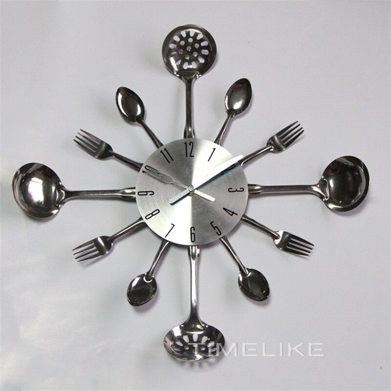 Horloge murale de cuisine en métal | De grande taille, en métal de cuillère à fourchette, horloge murale de cuisine, spécial: Argent
