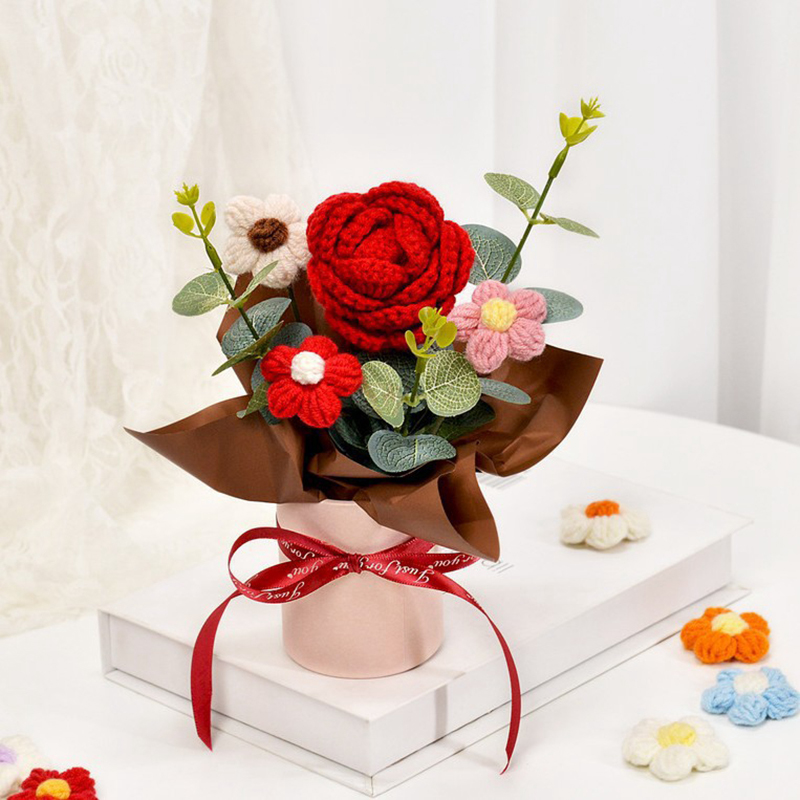 Flores de crochê abraçando balde buquê de flores artificiais mão tecido puff flores professores presentes de casamento dos namorados decoração de casa
