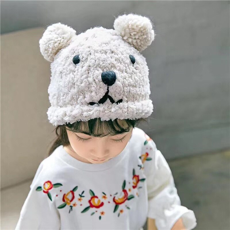 Lovely Bear Baby Hat Winter Warm Ear Protection Cartoon Children Hat Double Pompom Kids Girl Boy Beanie Cap