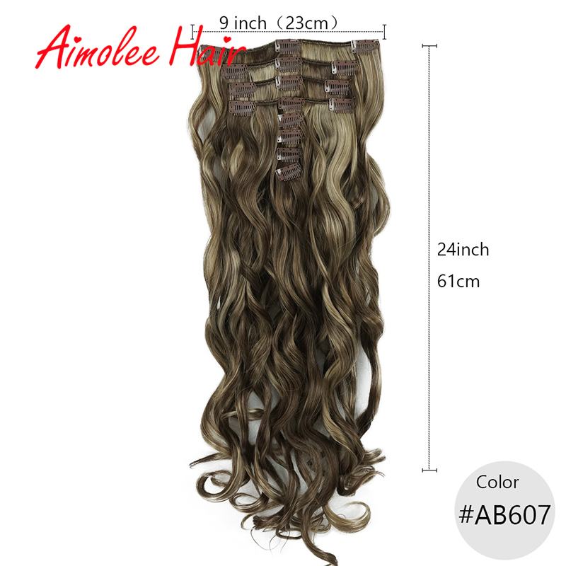 24 pulgadas 8 unids/set Natural largo ondulado rubia rojo destacar sintético postizo de Clip en extensiones de cabello 16 Clip de alta temperatura