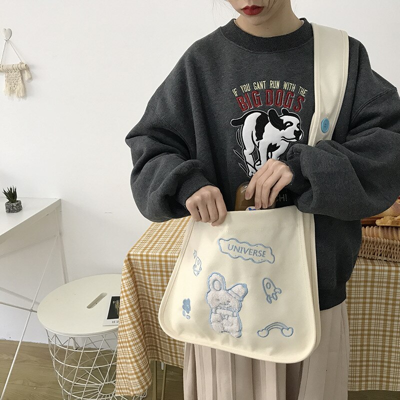 Preppy Style toile grande capacité sac à provisions femmes coton brodé sac à bandoulière décontracté sac de messager Bolsa Feminina