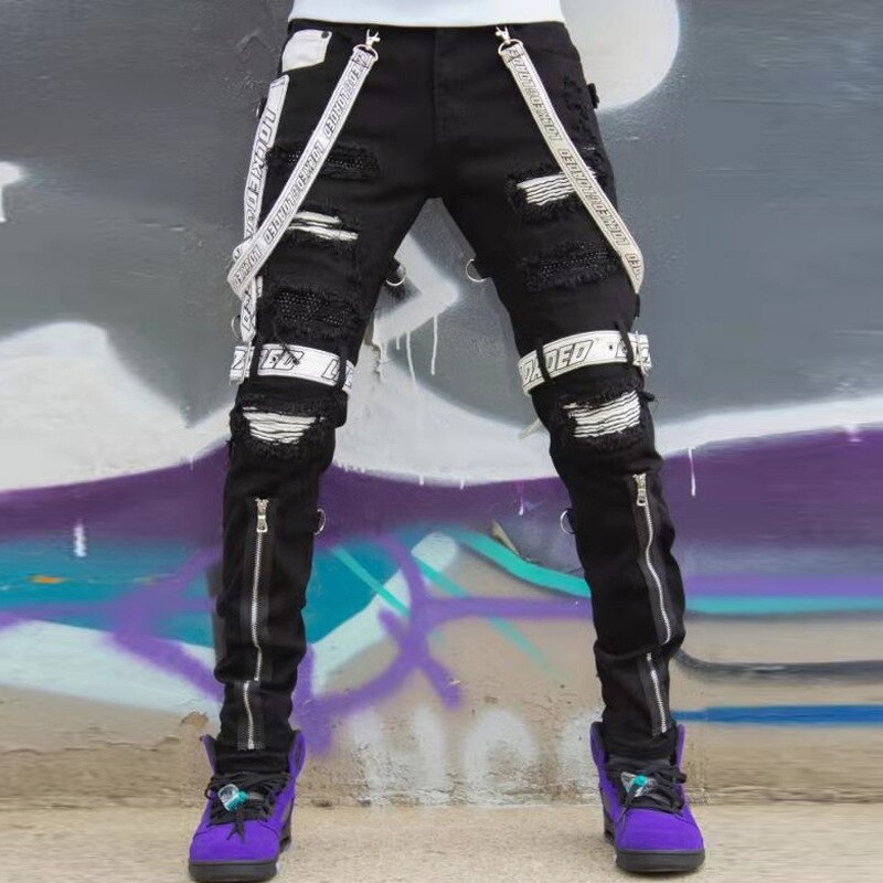Patchwork Jeans Men's Ripped Skinny Jeans Males Zipper Hip Hop Jeans Jeans for Men Mid Waist Denim Pencil Pants: S