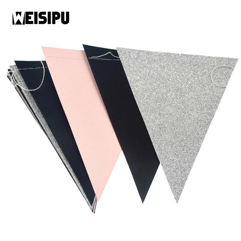 3m 15 Flags Black White Gold Flag Banner Glitter Paper Pennant Bunting Garland Wedding Birthday Party Decoration: Pink Black Silver