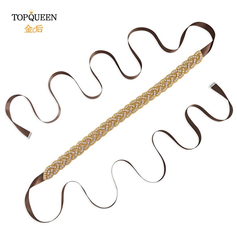 Topqueen  s216- g guld midjebälte fancy strass skärp guldpärlor brudbälte guld bälte för kvinnor bälten bröllop skärp bröllop: Brun