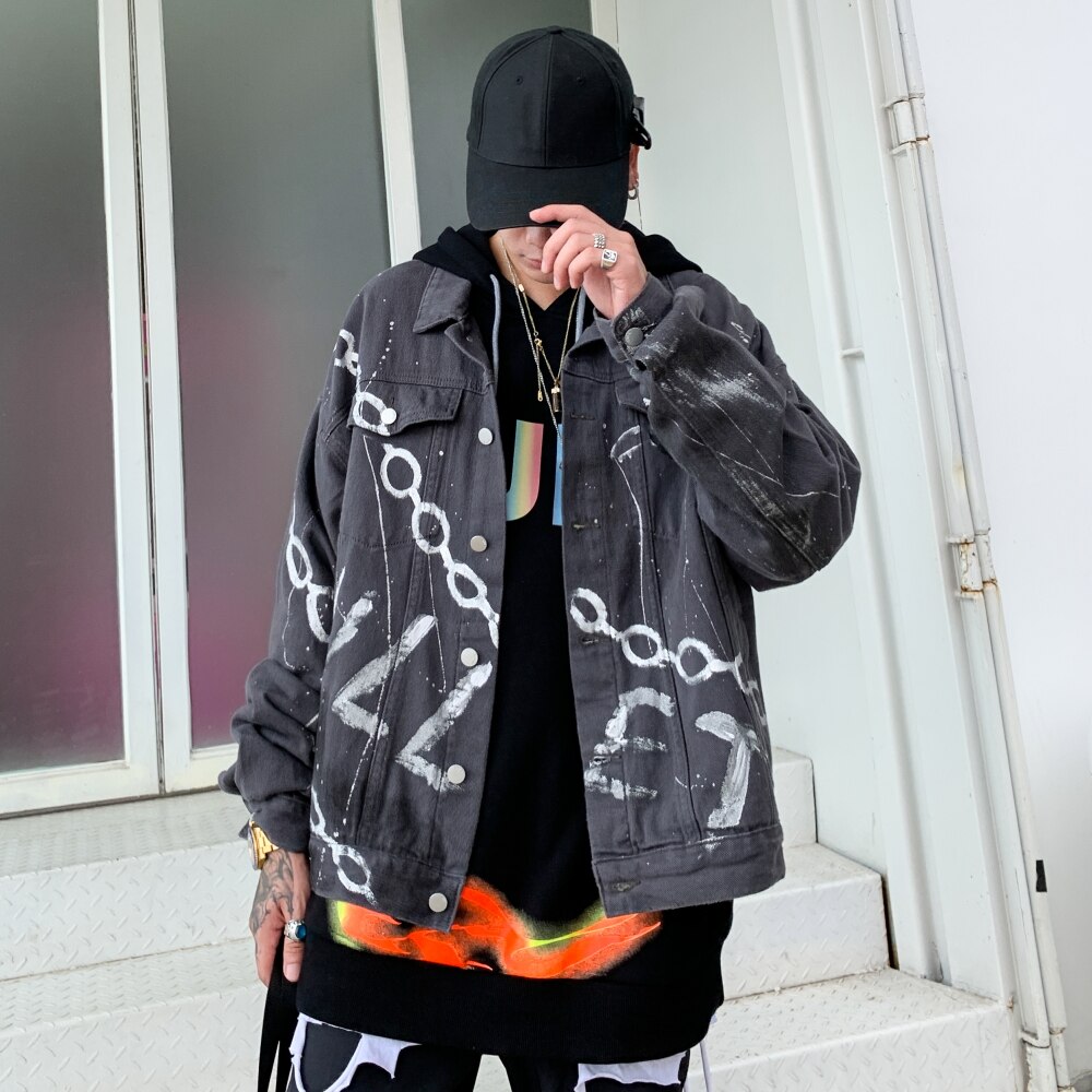 Graffiti print grå denim jakker streetwear hiphop casual punk rock jeans jakker frakker outwear hipster toppe  wq174