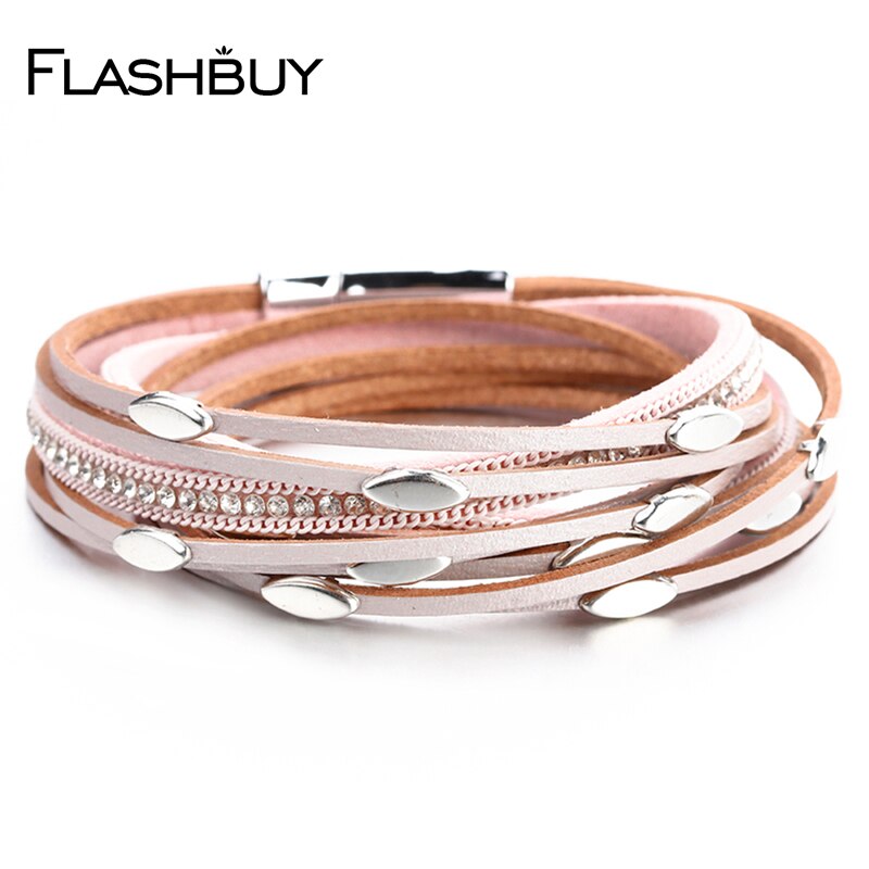 Flashbuy Multilayer Leather Leaf Bracelet For Women Unisex Jewelry Rhinestones Alloy Charm Leather Bohemia Wrap Bracelets