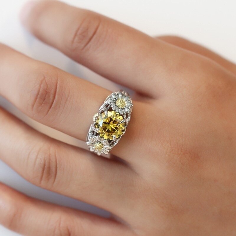 Anneaux de tournesol CC pour femmes, bijoux de mariage de fiançailles, pierre ronde, zircone cubique, accessoires CC2012