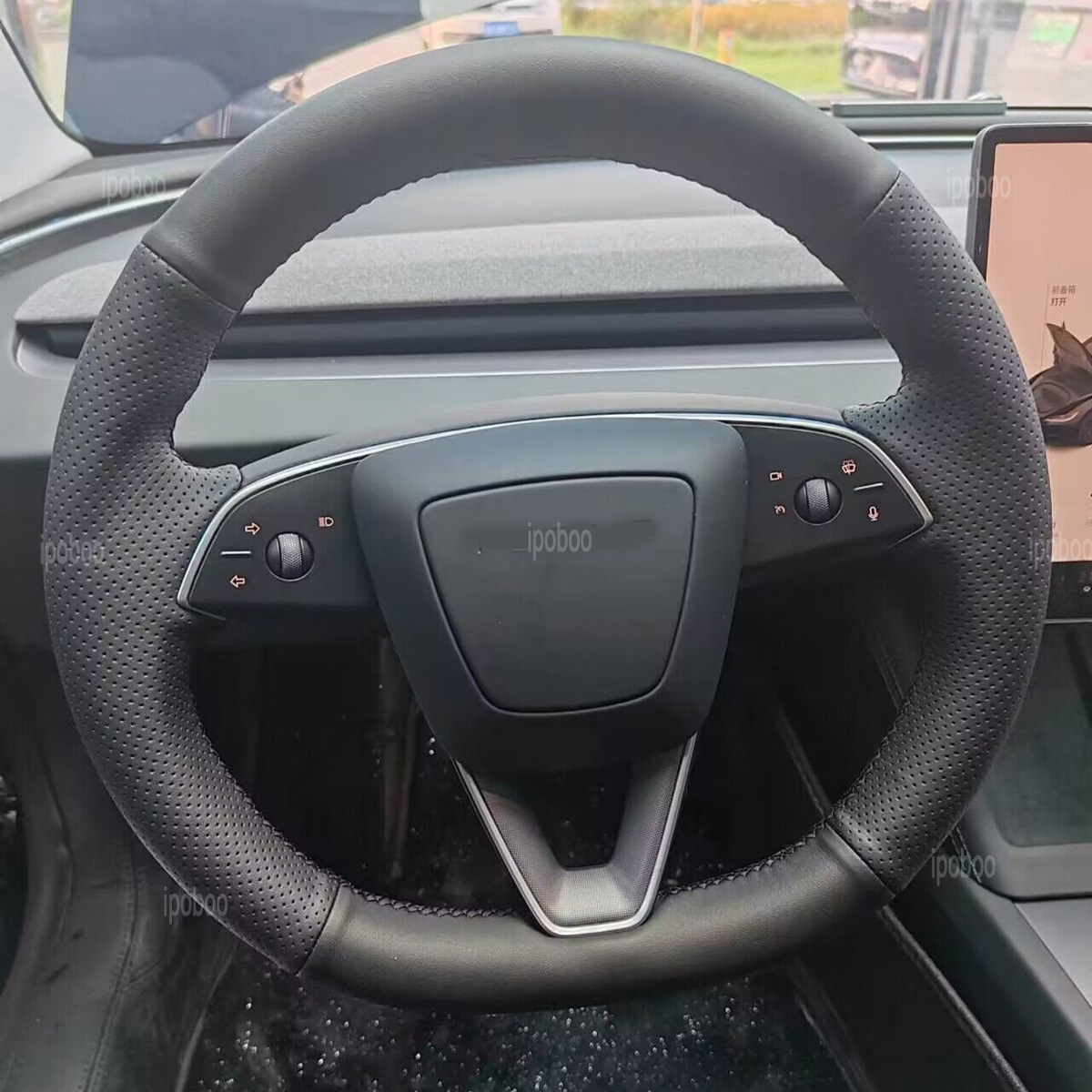 Protector de volante para Tesla Model 3 Highland 2024, cubierta protectora de cuero perforado negro para volante