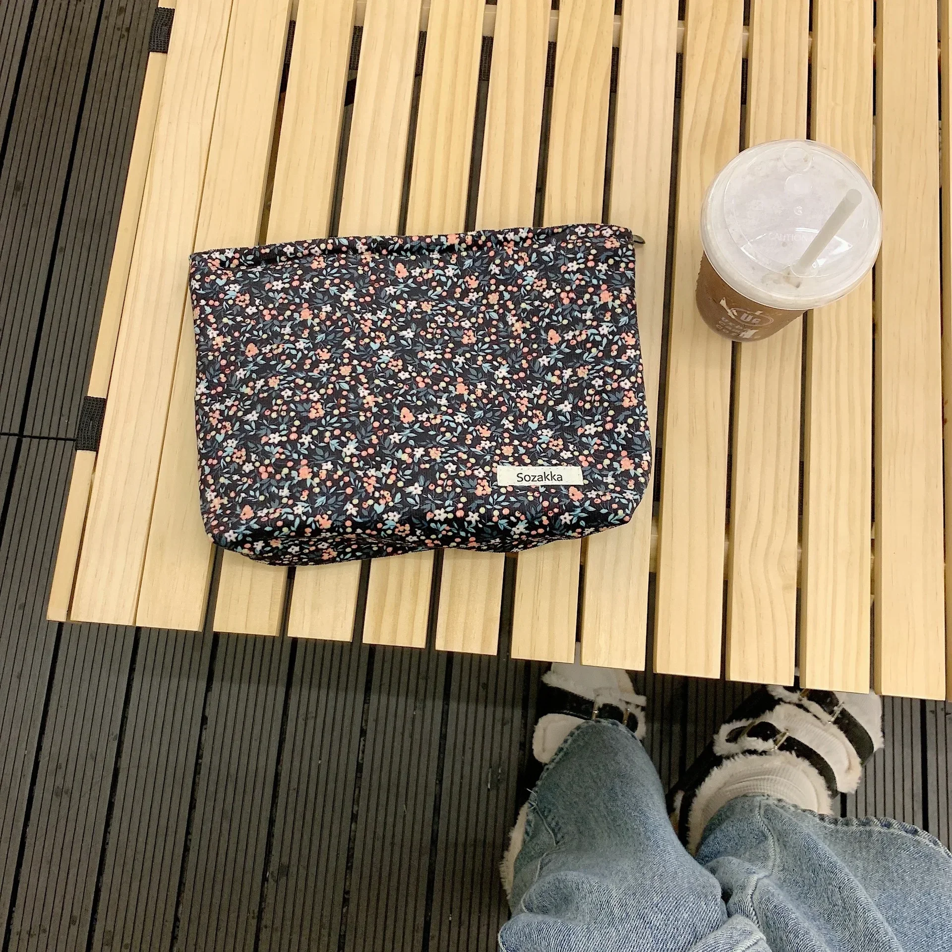 Korean Floral Makeup Storage Bag Cosmetic Organizer Travel Toiletry Bags Women Purse Zipper Pouch: Pink