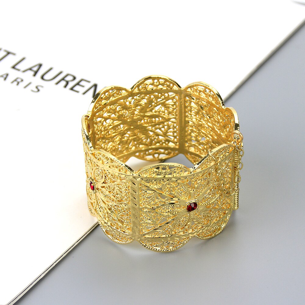 Sunspicems-brazalete de brazo ancho para mujer, brazalete africano de Color dorado, joyería argelina de boda, flor mate hueca, de novia marroquí: 346xyred