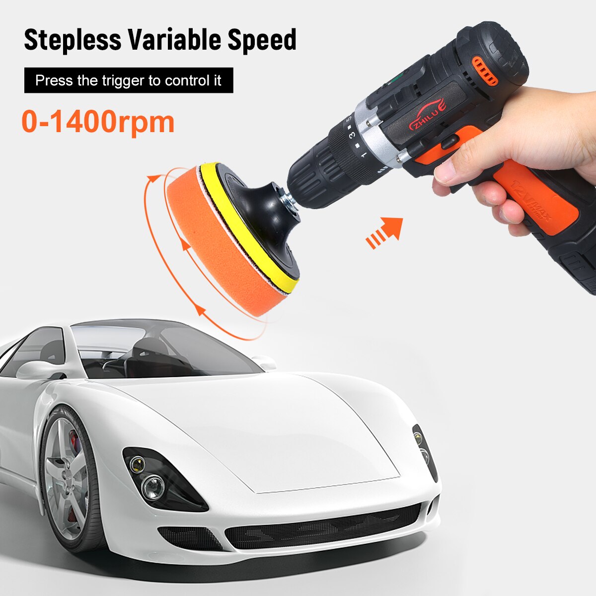 12V Cordless Drill/Driver Kit 1400rpm Variable Speed Polisher Car Buffer Waxer Set Screwdriver with 5 Bits&1 Wool Polishing Pad