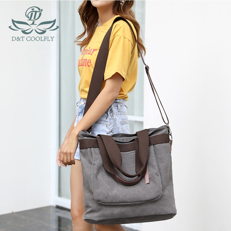 D&T One Shoulder Casual Bags Women Solid Canvas Waterproof School Student Light Zipper Pocket Inside Bags