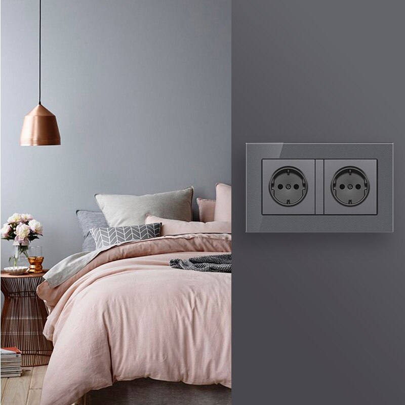 PSSRISEWall Crystal Glass Panel 146*86 Multi Way Power Socket Plug Grounded 16A EU Standard Electrical Outlet Double Socket stri
