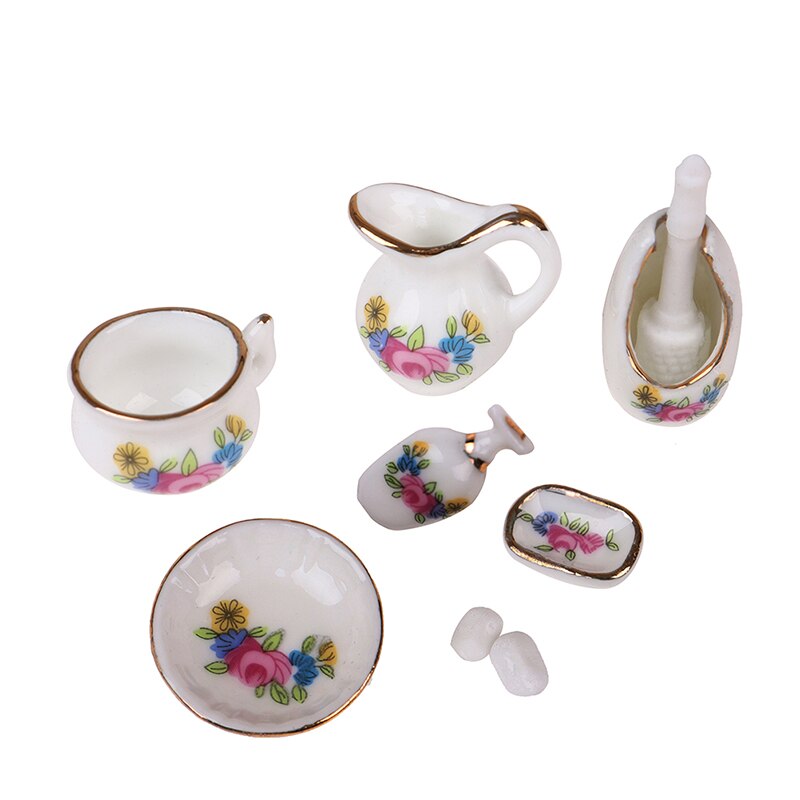 7Pcs/lot Dollhouse Miniature Dining Ware Porcelain Tea Set Dish Cup Plate -White Purple Flower Pattern