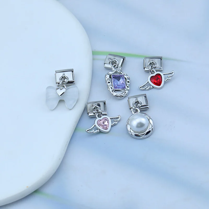 Hapiship nudo de lazo alas de Ángel brillante CZ enlace italiano encanto ajuste 9mm pulsera de acero inoxidable fabricación de joyería DIY DJ652