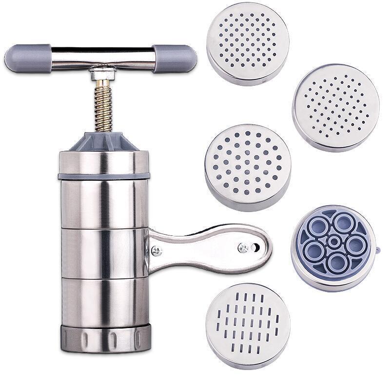 Prensa Manual de Fabricante de fideos de acero inoxidable, máquina para Pasta, cortador con manivela, exprimidor de frutas, utensilios de cocina, herramientas para hacer espaguetis: 5 Mold Heads