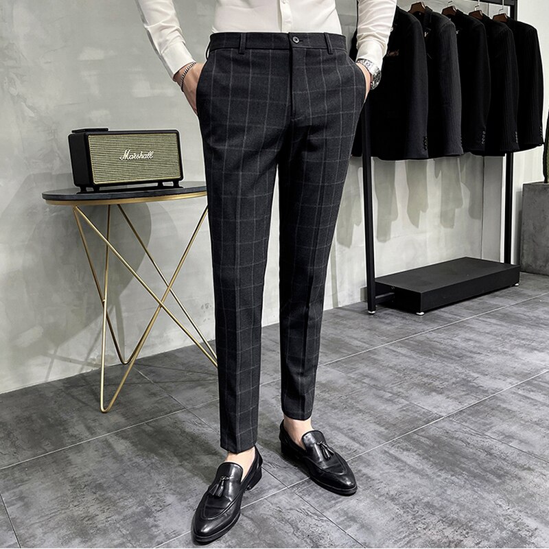 Men's Suit Pants Classic Plaid Business Formal Dress Pant Streetwear Casual Slim Wedding Groom Social Trousers