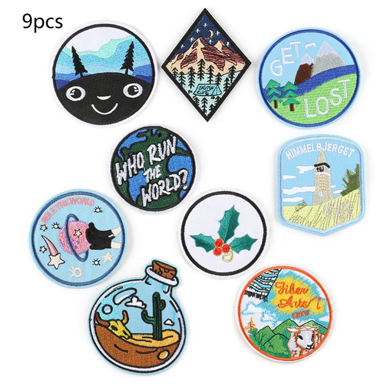 9 stk geometrisk badge patch bjergplanet broderet jern på/syning applikation  a2ua