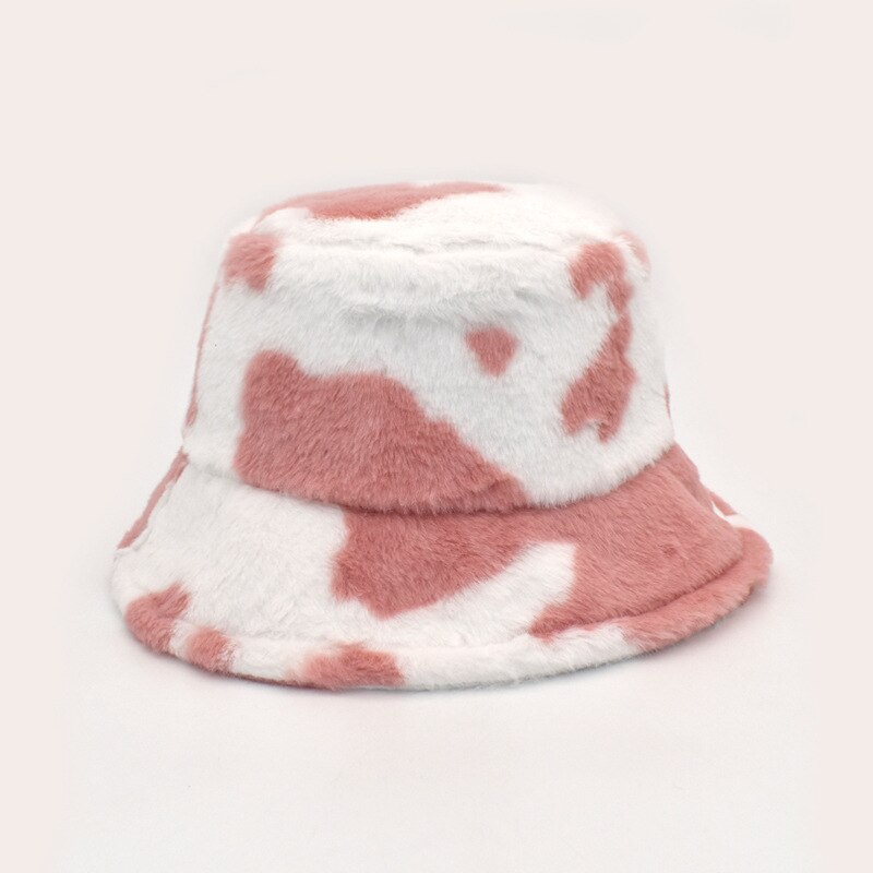 Vinter faux pels spand hatte til kvinder pige ko print plys fløjl varm panama sort hvid fisker spand hatte bob: C