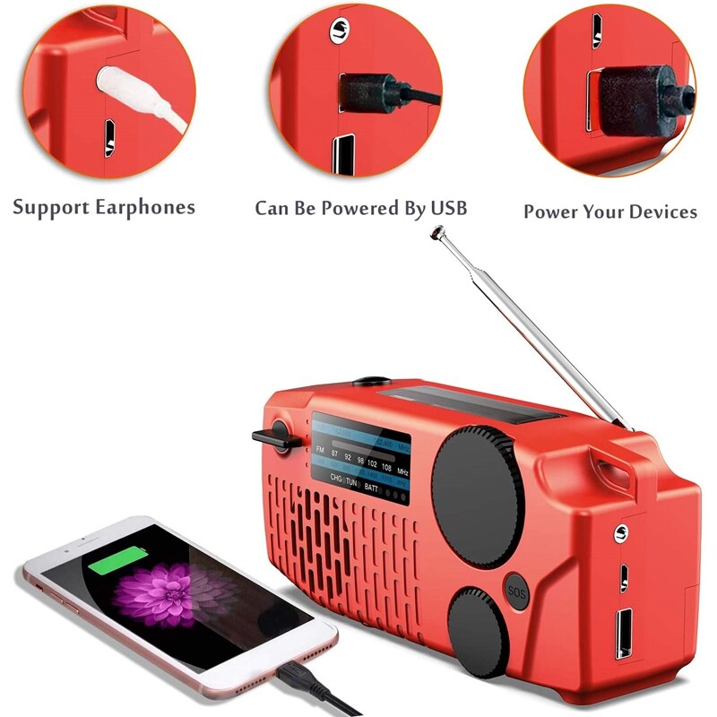 Emergency Solar Hand Crank Draagbare Noaa Weather Radio Met Am/Fm Oortelefoon Jack Led Zaklamp 2000Mah Power Bank