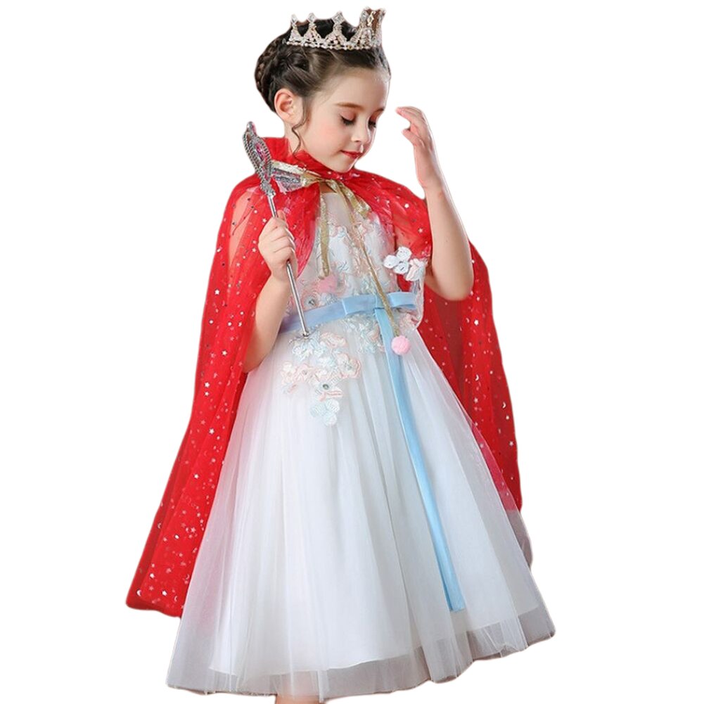 Girl’s Summer Gauze Double-Breasted Lace-Up Princess Cloak with Shinny Star Moon Patterns for Pantomime Play