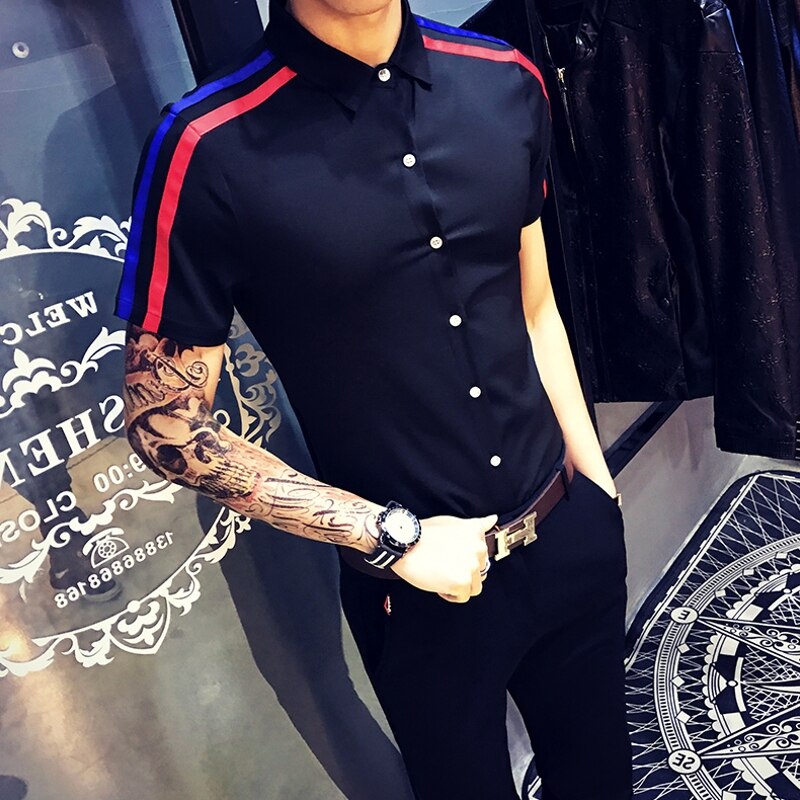Chemise homme manche court sommertøj camicia uomo frisør barber shop barber herre kortærmet skjorte moda hombre: Sort / Koreansk 5xl 82-90kg 