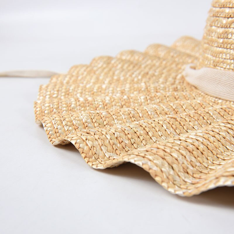 Uspop store bølgerige stråhatte kvinder snørebånd strandhatte langt bånd naturlige hvede stråhatte