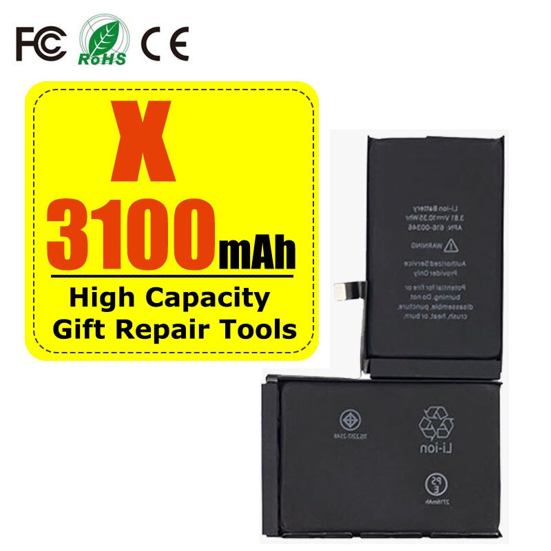 Batería de alta capacidad para teléfono móvil, paquete con sello de ciclo 0, para iPhone 4, 4S, 5, 5S, 5C, SE , 6, 6S, 7, 8, SE2 Plus, X, XR, XS, 11 Pro Max: For X 3100mAh