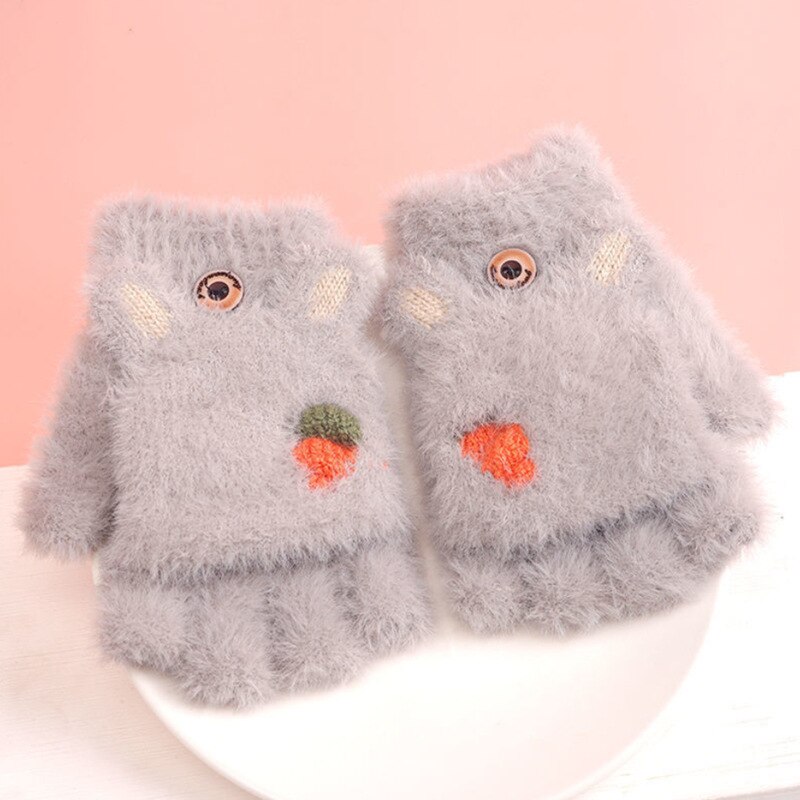 Winter freundlicher Handschuhe Nette Karikatur Halbe Finger Weiche Warme Kleinkind freundlicher Fäustlinge Für Jungen Mädchen Zeug 3-12Y: grau