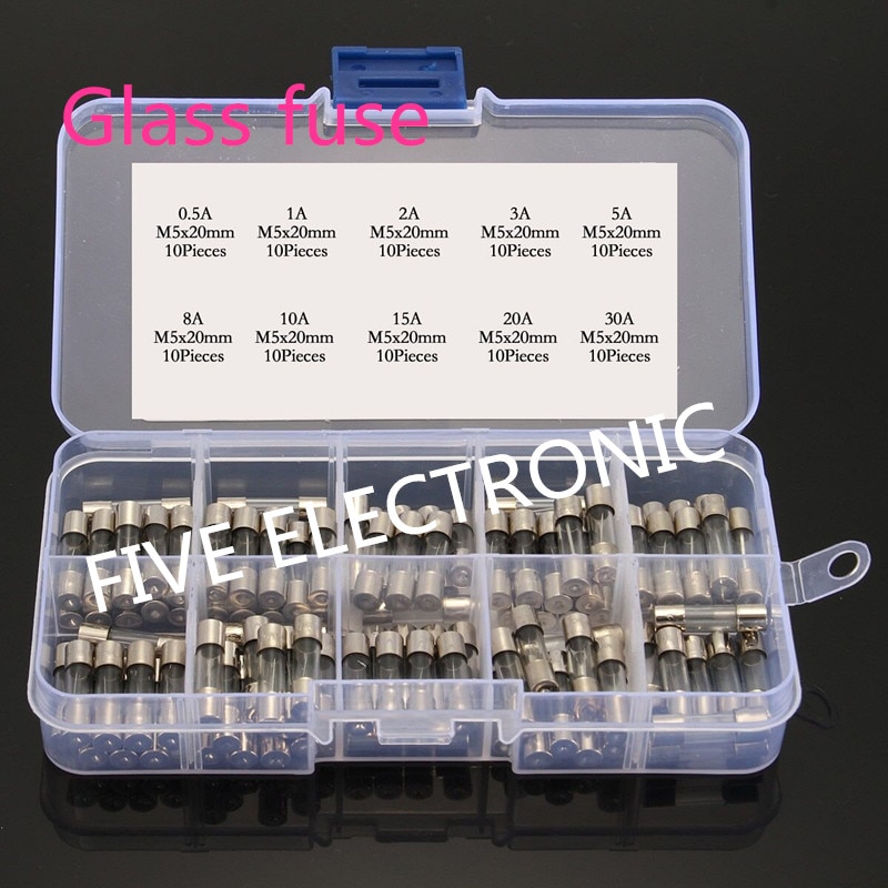 Mix Glass fuse 5*20mm 250V 0.5~30A glass tube fuse 5x20MM 100pcs/lot