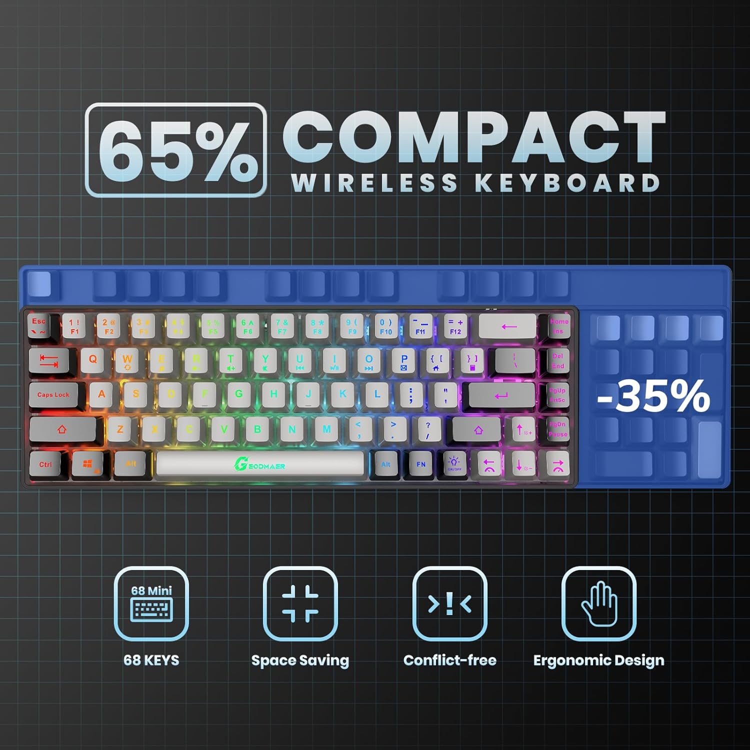 65%  trådløse gamingtastaturer genopladelige baggrundsbelyste gamingtastaturer ultrakompakt anti-ghosting konfliktfrit tastatur til pc bærbar computer