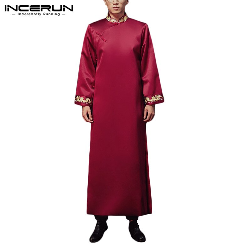 INCERUN Chinese Style Men Robes Printed Stand Collar Traditional Long Sleeve Men Long Gowns Button Vintage Cheongsam Plus Size