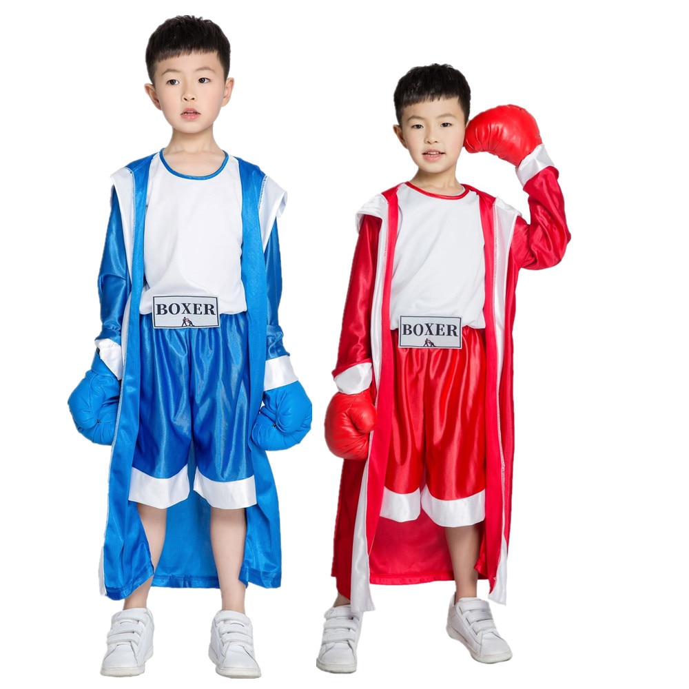 Kind Blauw Rood Zwart Boxer Kostuum Halloween Jongen Boksen Wedstrijd Jumpsuit Met Robe Kostuum